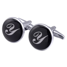 Load image into Gallery viewer, French Cufflinks black round Enamel Traditional letter Cufflinks

