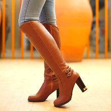 Load image into Gallery viewer, Thick Heel Leather Boots Belt Buckle Knight Boots Zipper High Heel Women&#39;s Boots
