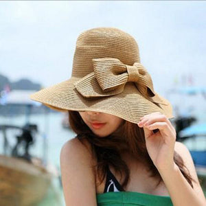 Straw Hat With Double Bow And Large Edge