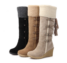Load image into Gallery viewer, AIWEIYi Women Knee High Boots Wedge High Heels Shoes Knight Boots Warm Winter Boots Lady Shoes Black Yellow Fur Snow Boots
