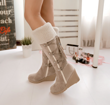 Load image into Gallery viewer, AIWEIYi Women Knee High Boots Wedge High Heels Shoes Knight Boots Warm Winter Boots Lady Shoes Black Yellow Fur Snow Boots

