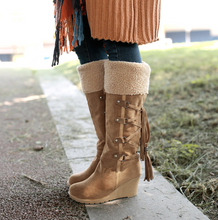 Load image into Gallery viewer, AIWEIYi Women Knee High Boots Wedge High Heels Shoes Knight Boots Warm Winter Boots Lady Shoes Black Yellow Fur Snow Boots
