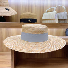 Load image into Gallery viewer, Axin Hat Ornaments Gray Tie Knot Flat Top Thin Straw Wide Brim Top Hat Flat Top Hat Straw Hat
