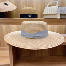 Load image into Gallery viewer, Axin Hat Ornaments Gray Tie Knot Flat Top Thin Straw Wide Brim Top Hat Flat Top Hat Straw Hat
