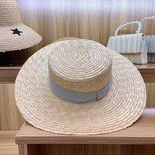 Load image into Gallery viewer, Axin Hat Ornaments Gray Tie Knot Flat Top Thin Straw Wide Brim Top Hat Flat Top Hat Straw Hat
