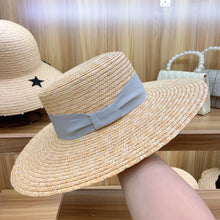 Load image into Gallery viewer, Axin Hat Ornaments Gray Tie Knot Flat Top Thin Straw Wide Brim Top Hat Flat Top Hat Straw Hat

