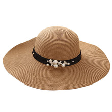 Load image into Gallery viewer, New Style Hat Ladies Leisure Big Brim Hat Beach Sunscreen Foldable Straw Hat Pearl Rivet Flat Brim Hat Wholesale
