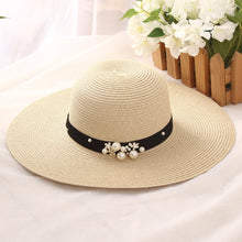 Load image into Gallery viewer, New Style Hat Ladies Leisure Big Brim Hat Beach Sunscreen Foldable Straw Hat Pearl Rivet Flat Brim Hat Wholesale

