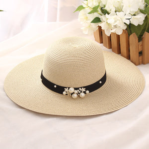 New Style Hat Ladies Leisure Big Brim Hat Beach Sunscreen Foldable Straw Hat Pearl Rivet Flat Brim Hat Wholesale