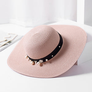 New Style Hat Ladies Leisure Big Brim Hat Beach Sunscreen Foldable Straw Hat Pearl Rivet Flat Brim Hat Wholesale