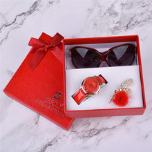 Load image into Gallery viewer, Women Watches Leather Quartz Wristwatch Sunglasses Corsage 3 Pcs Girl Christmas Gift New Year Gift Ladies Gift Box
