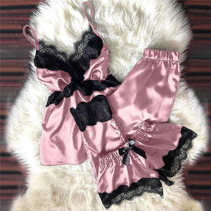 V Neck Eyelash Lace Bowknot Pajamas Three-piece Set