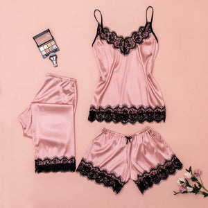 V Neck Eyelash Lace Bowknot Pajamas Three-piece Set