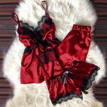 Load image into Gallery viewer, V Neck Eyelash Lace Bowknot Pajamas Three-piece Set
