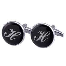 Load image into Gallery viewer, French Cufflinks black round Enamel Traditional letter Cufflinks
