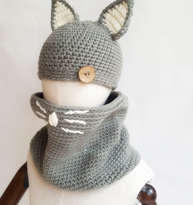 Knit hat children's animal cat ears set hat hand-knitted warm neck bonnet