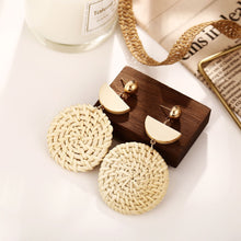 Load image into Gallery viewer, Woven Round Wooden Earrings Wish Straw Woven Beige Earrings

