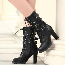 Load image into Gallery viewer, Rivet motorcycle boots oversize high heel ankle boots
