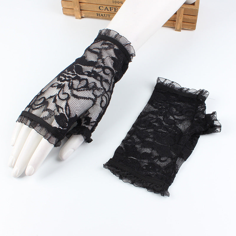 Translucent lace mesh fingerless gloves