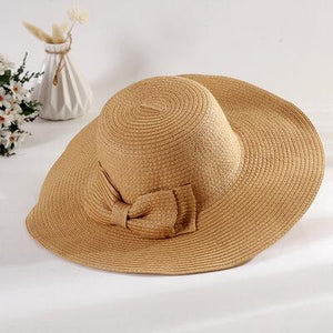 Straw Hat With Double Bow And Large Edge