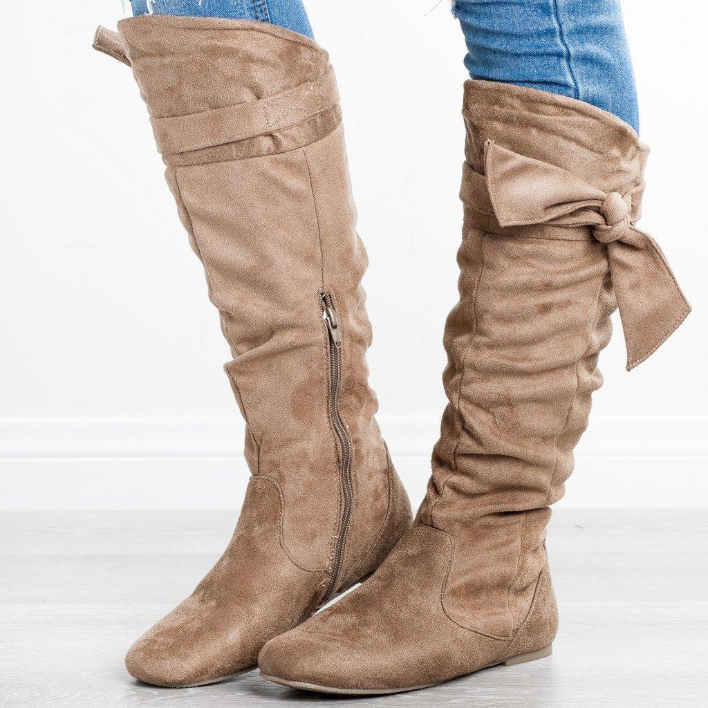 Womens Boots Retro Knee High Boots Flat Bow Elastic Frosted Mid-Top