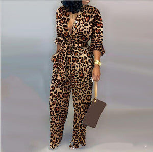 Printed Leopard Print Long Sleeve Jumpsuit