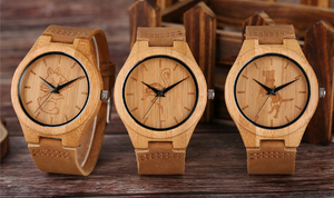 Casual handmade bamboo watch for men and women Student simple and lovely animal dog leather watch