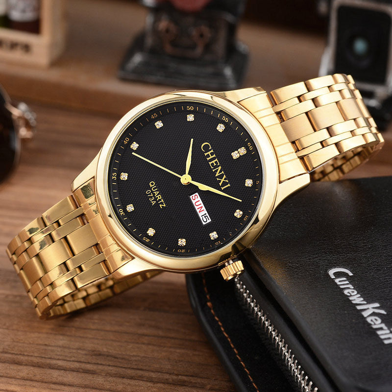 Manufacturers Wholesale Authentic Fashion Non Mechanical Watch Waterproof Mens Double Luminous Strip Golden Watch 073A Calendar