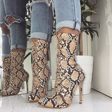 Load image into Gallery viewer, Serpentine pointed lacing mid boots women&#39;s boots snake high heel boots
