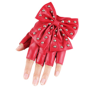 Rivet Bowknot Faux Leather PU Fashion Half Finger Gloves