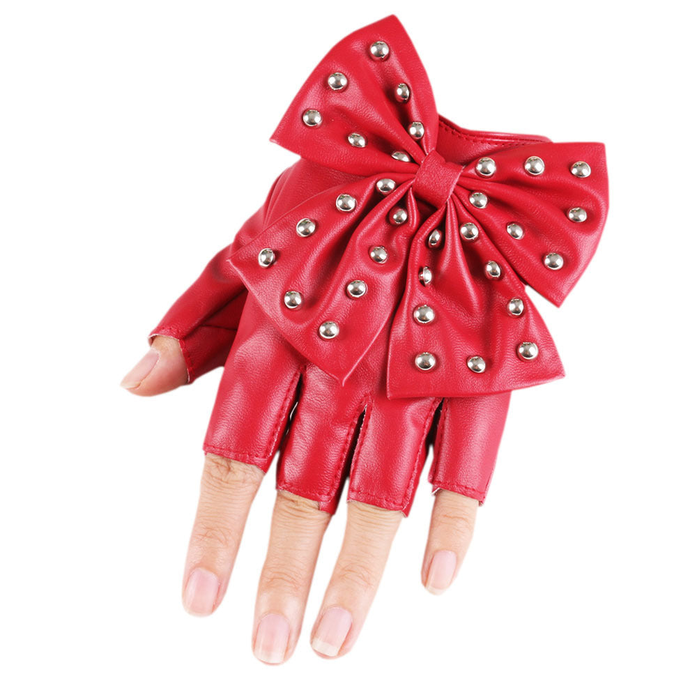 Rivet Bowknot Faux Leather PU Fashion Half Finger Gloves
