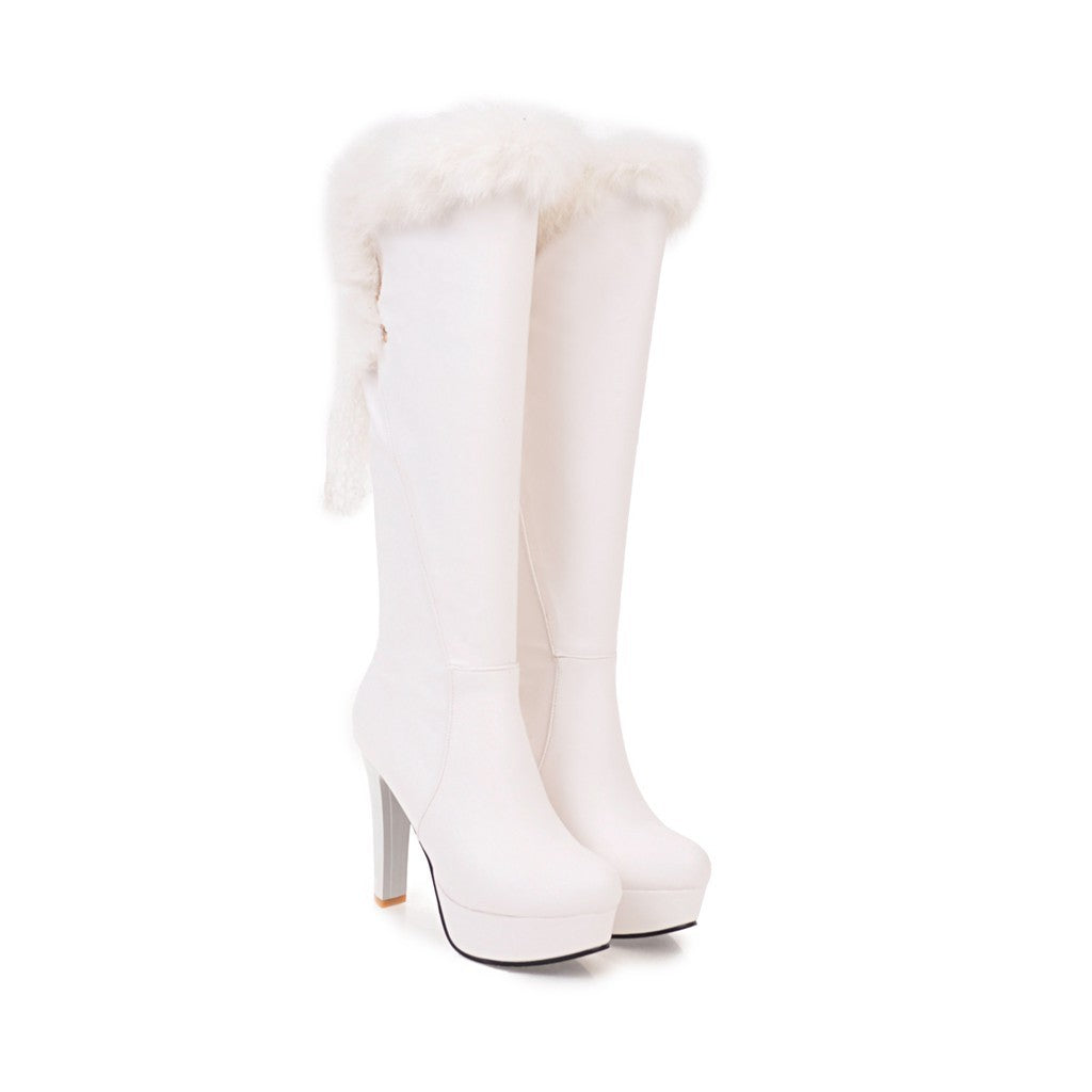 Fashion Fur Collar Boots Women's Thick Heel Round Toe High Boots
