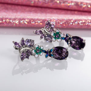 Oval Purple Zircon Flower Earrings Butterfly Ladies Earrings