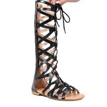 Load image into Gallery viewer, Rome size code cool boots flat cross straps boots high tube hollow strap
