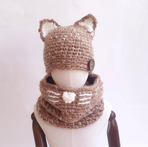 Knit hat children's animal cat ears set hat hand-knitted warm neck bonnet