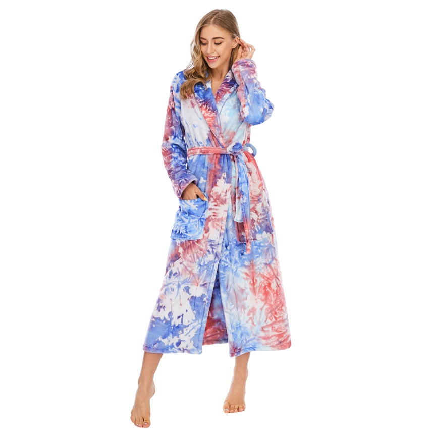 Ladies Tie-dye Flannel Bathrobe Pajamas