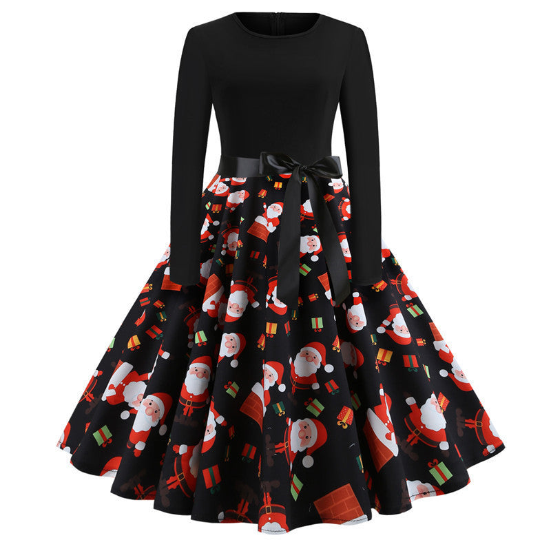 Retro Round Neck Print Long-Sleeved  Dress