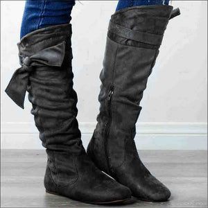 Womens Boots Retro Knee High Boots Flat Bow Elastic Frosted Mid-Top