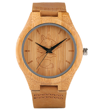 Load image into Gallery viewer, Casual handmade bamboo watch for men and women Student simple and lovely animal dog leather watch
