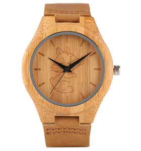Casual handmade bamboo watch for men and women Student simple and lovely animal dog leather watch