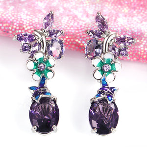 Oval Purple Zircon Flower Earrings Butterfly Ladies Earrings