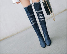 Load image into Gallery viewer, Fine-heeled high-heeled boots, hollow women&#39;s boots, large size 40-48 yards, denim boots
