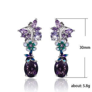 Oval Purple Zircon Flower Earrings Butterfly Ladies Earrings