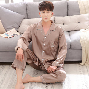 Couple pajamas women spring silk long-sleeved pajamas