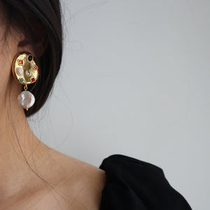 Retro Irregular Earrings Ear Clips With Diamonds Exaggerated Pearl Pendant Earrings