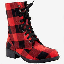 Load image into Gallery viewer, Casual round head red plaid high top thick with solid color deep mouth
