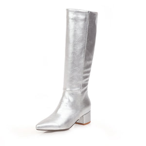 Serpentine pointed thick heel high boot