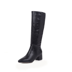 Serpentine pointed thick heel high boot
