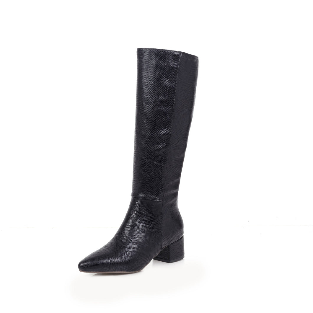 Serpentine pointed thick heel high boot