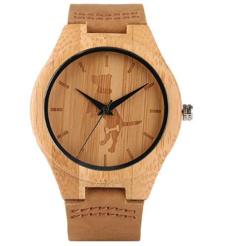 Casual handmade bamboo watch for men and women Student simple and lovely animal dog leather watch